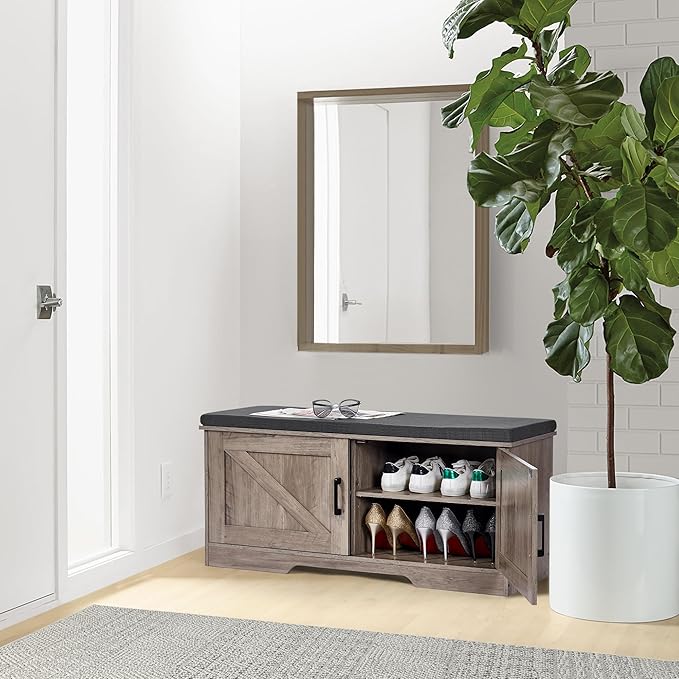 2-Tier Storage Bench, Shoe Bench with Padded Seat Cushion, Entryway Bench with 2 Barn Doors, Adjustable Shelf, 13.8" D x 39.4" W x 17.7" H, for Entryway, Living Room, Bedroom, Greige