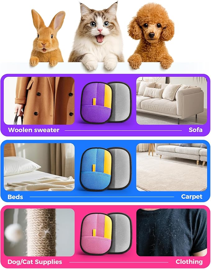 2025 Thickened Electrostatic Pet Hair Removal Gloves (2 Pcs) - Reusable Strong Grooming Gloves for Cats & Dogs, Hair Remover for Couch, Furniture, Carpet, Car Seats & Clothing (Purple)