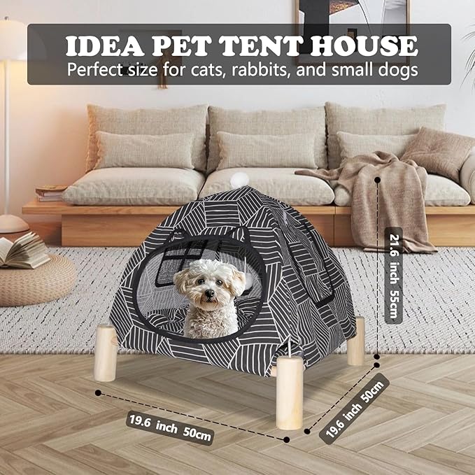 2-in-1 Elevated Cat Tent Cat House, Quick Assembly and Disassembly, Portable Indoor/Outdoor Cute Cat Bed Cave-Black Diamond Pattern
