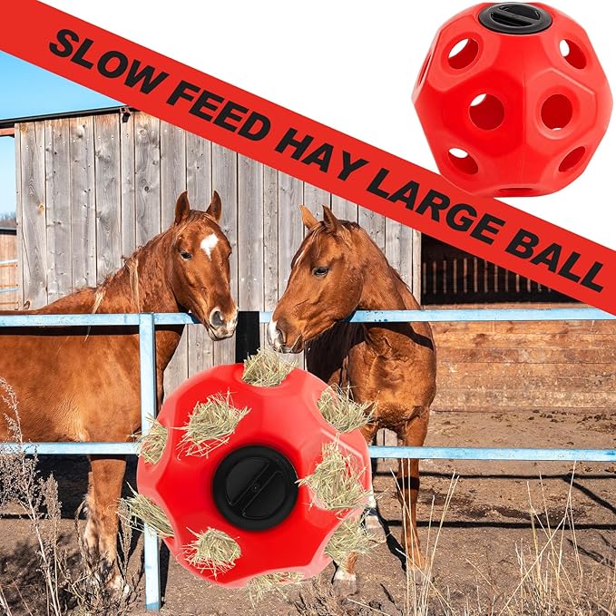 15.75" Hay Ball for Horse with Hanging Strap Slow Feed Horse Treat Ball Extra Large Hanging for Paddock Stall Stable Supplies(Red)