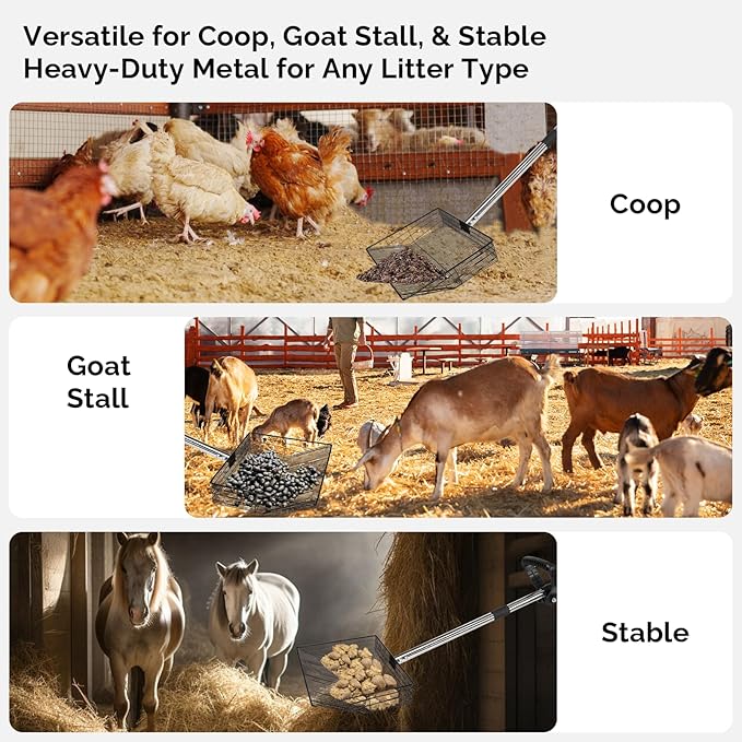 15" Extra-Wide Chicken Poop Scooper – Ergonomic Adjustable Handle (24-70in), Stainless Steel Sifting Shovel Deep Litter Cleaning for Chicken Coops, Goat - Chicken Coop Scoop for Sand, Straw, Hemp