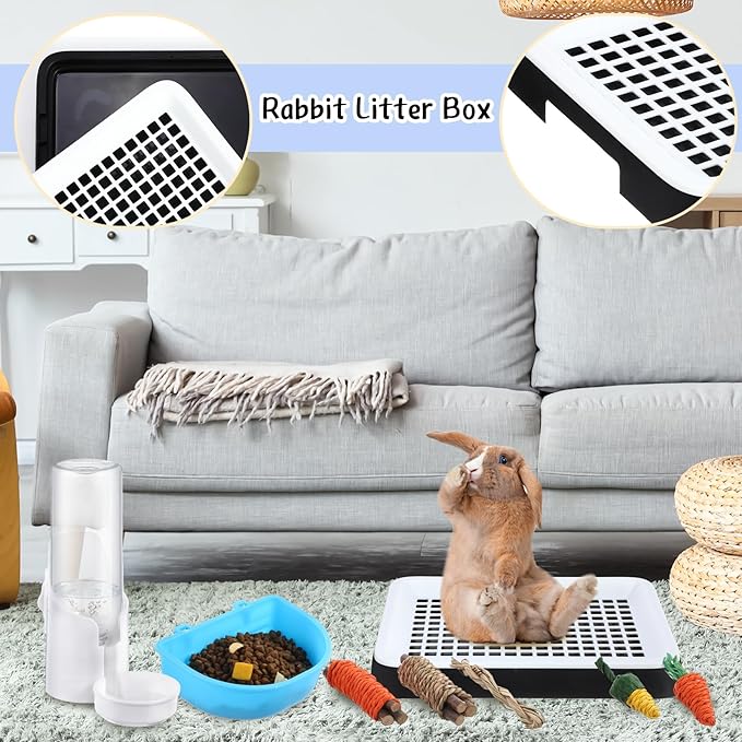 19 Pcs Rabbit Starter Kit Small Bunny Litter Box Rabbit Grooming Kit Water Bottle Bunny Toys Hay Feeder Bowl Blankets with Cleaning Set for Guinea Pig Accessories(Black,Cloud)