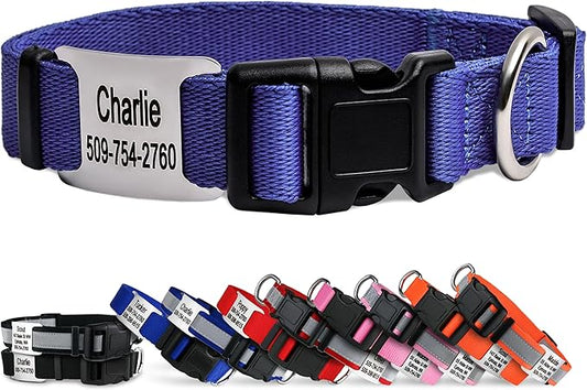 GoTags Personalized Dog Collar with Nameplate, Adjustable Dog Collar with Custom Engraved Slide On Pet ID Tag in Stainless Steel, Silent, No Noise Dog Tag (Lavender, X-Small)