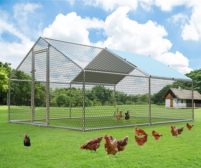 1.26'' Large Metal Chicken Coop Run Walk in, Chicken Runs for Yard with Cover, Chicken Pens Outdoor, Spire Roofed Outside Dog Kennel with Roof (9.8’Lx13.1’Wx6.4’H)