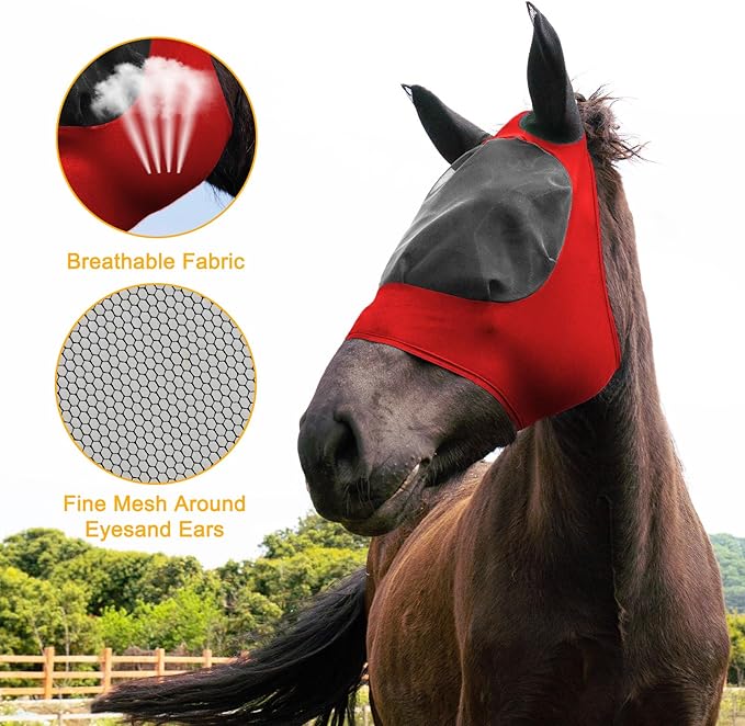 2 Piece Horse Fly Mask with Ears, Comfortable Fit Stretch Fabric Big Eye Space Soft Breathable with UV Protection for Full Horses (Red-Black)