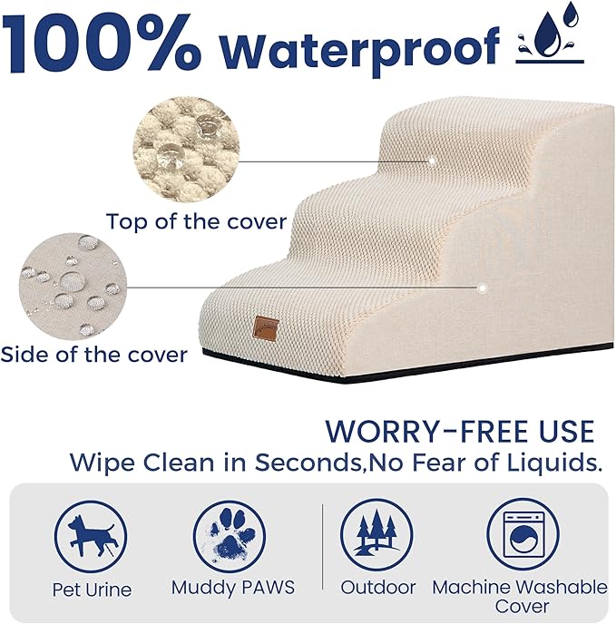 GoGoBunny Ramp Dog Stairs for Couch Sofa and Chair 15.7" H, 3-Step Pet Steps for Small Dogs and Cats, Non-Slip Waterproof Fabric Cover, Stable and Balanced Indoor Step, Pets Friendly, Beige
