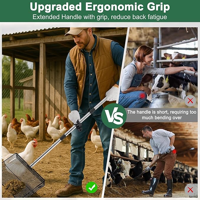 15-inch Large Chicken Poop Scooper, 5 in 1 Adjustable Chicken Coop Scoop with Ergonomic Grip, 24" to 77" Long Stainless Steel Sifting Litter Shovel Pooper Scooper Chicken Coop Accessories