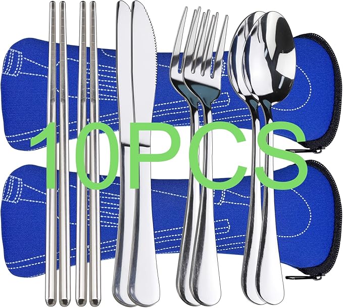 10PCS Portable Silverware Set with Case, Lengnoyp Travel Camping Utensils Set, Premium Stainless Steel Travel Cutlery Set, Reusable Safe Flatware Sets for Lunch Box/Workplace/Students, Silver