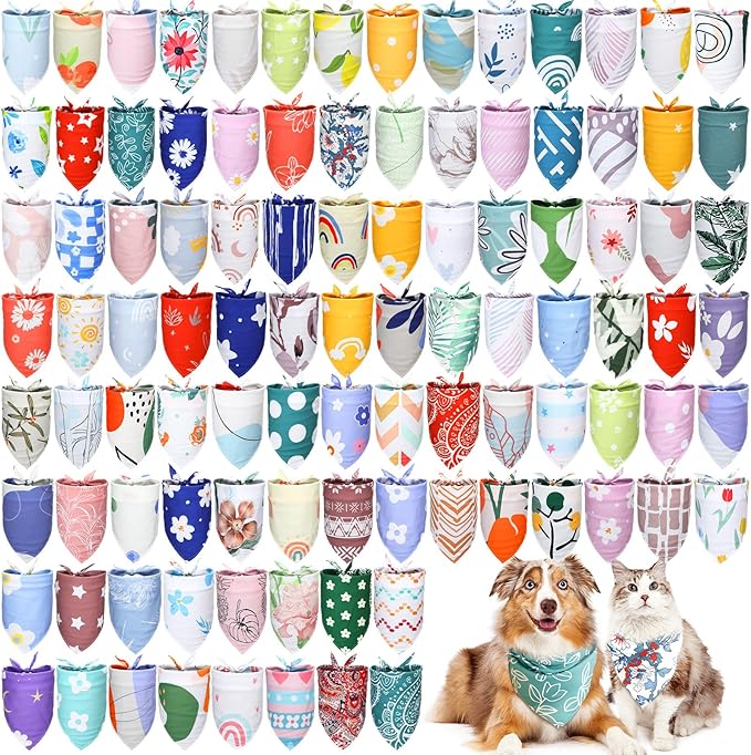 100 Pcs Dog Bandanas Bulk Pet Bibs Colorful Triangle Scarf Pet Bandanas for Medium Large Dogs Spring Summer Birthday Costume Decoration (Boho)