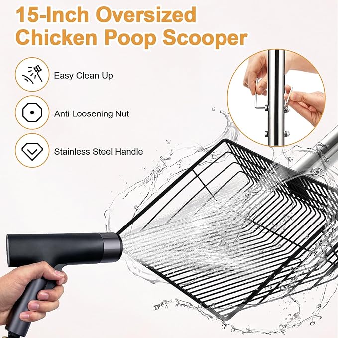 15" Chicken Poop Scooper & Rake, Metal Chicken Coop Scoop for Poop with 24 to 68" Adjustable Stainless Steel Handle, Litter Scooper Sifting Shovel Chicken Coop Accessories