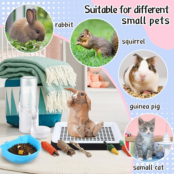 19 Pcs Rabbit Starter Kit Small Bunny Litter Box Rabbit Grooming Kit Water Bottle Bunny Toys Hay Feeder Bowl Blankets with Cleaning Set for Guinea Pig Accessories(Black,Cloud)