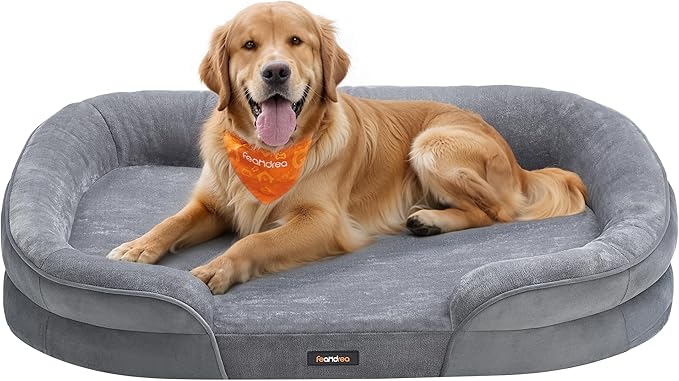 Feandrea Dog Bed, Large Orthopaedic Dog Sofa Bed, 42 x 30 x 7 Inches, Egg Crate Foam, Waterproof Liner, Raised Edges, Removable and Machine Washable Cover, Non-Slip, Light Gray UPGW283G01