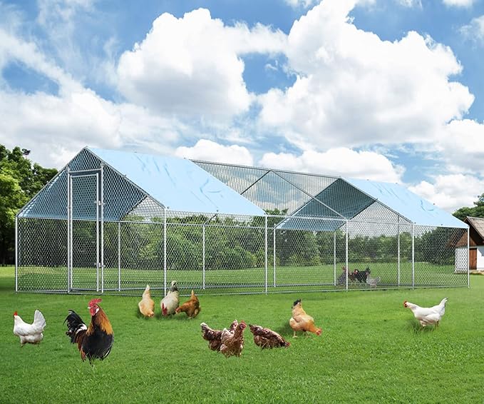 1.26’’ Large Metal Chicken Coop Walk in, Chicken Pen for Chickens, Outdoor Chicken Runs Coops Dog Kennel, Spire Roofed Chicken Runs for Yard with Anti-Ultraviolet Cover (9.8’Lx26.2’Wx6.4’H)