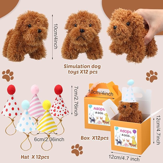 20 Pcs Mini Plush Dog Bulk 4 Inch Small Stuffed Puppy Set Include 20 Adopt a Pet Kraft Paper Boxes and 20 Cute Cone Hats Soft Dog Animals for Kids Birthday Adopt a Puppy Favor Gifts