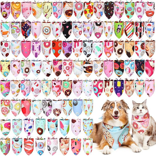 100 Pcs Dog Bandanas Bulk Pet Bibs Colorful Triangle Scarf Pet Bandanas for Medium Large Dogs Spring Summer Birthday Costume Decoration (Donut)