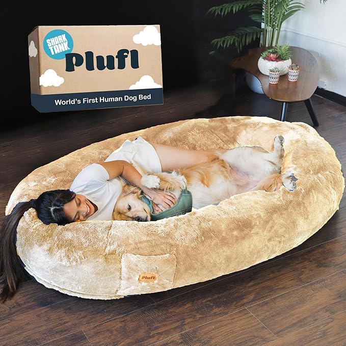 Plufl, The Original Human Dog Bed for Adults, Kids, and Pets. As Seen on Shark Tank. Comfy Plush Large Bean Bag with Memory Foam, Machine Washable, and Durable. Perfect nap and Floor Bed - Beige