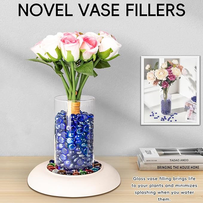 1 LB Blue Glass Marbles, Mini Flat Glass Beads~150 PCS for Vase Fillers, Floral Bottom Mancala Gems Pebbles Fish Tank Rocks for Table Aquarium,Home Decor Art Craft Supplies(0.5"~0.7")