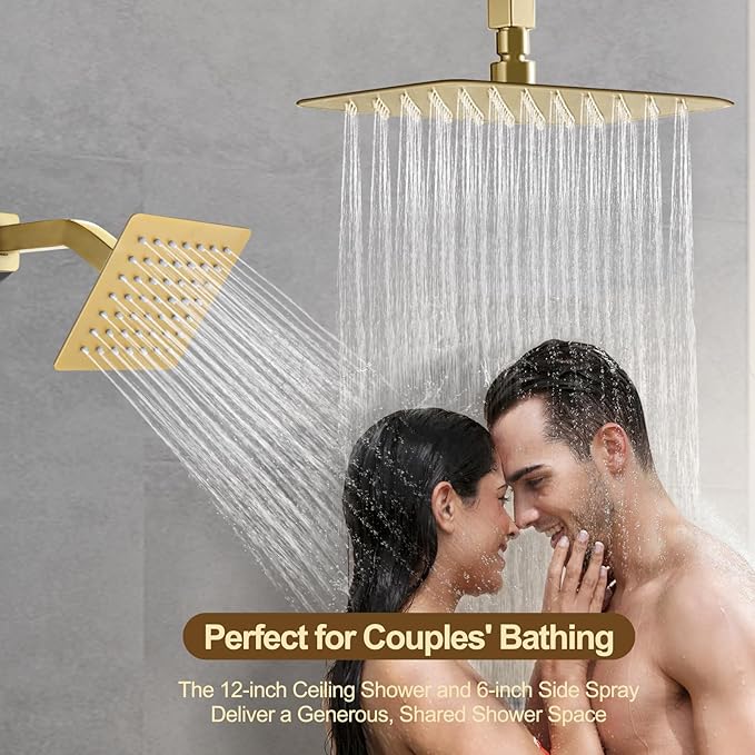 12 Inch Rain Shower System, Brushed Gold Shower Faucet Set with Push Button Diverter, 6 Inch Wall Mounted 3-Functions Bathroom Shower Systems with Dual-Function Handheld (Thermostatic, Gold Brushed)