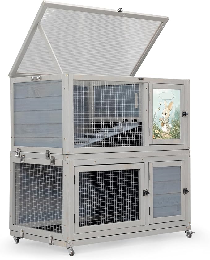 2-Story Wooden Rabbit Hutch for Outdoor & Indoor, Bunny Cage Rabbit House with Wheels, Trays, Ramp, Pet Home for Guinea Pigs, Chickens, Chicken Coop, Gray with Colorful Patterns