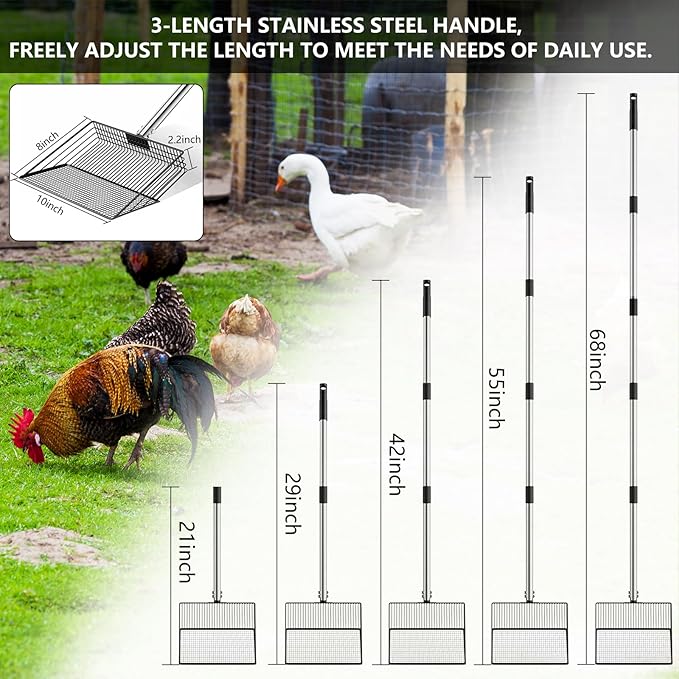 10 Inch Chicken Poop Scooper, Large Metal Chicken Coop Scoop, Chicken Litter Sifting Shovel, Chicken Coop Rake with Retractable Stainless Steel Handle, Chicken Coop Cleaning Tools Accessories