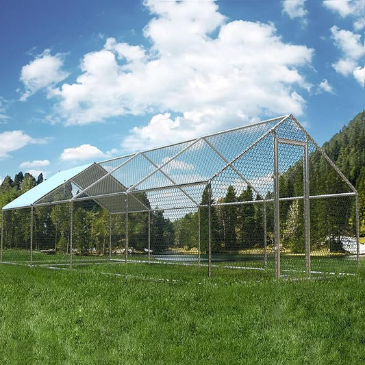 1.26’’ Large Metal Chicken Coop Walk in, Chicken Pen for Chickens, Outdoor Chicken Runs Coops Dog Kennel, Spire Roofed Chicken Runs for Yard with Anti-Ultraviolet Cover (9.8’Lx26.2’Wx6.4’H)