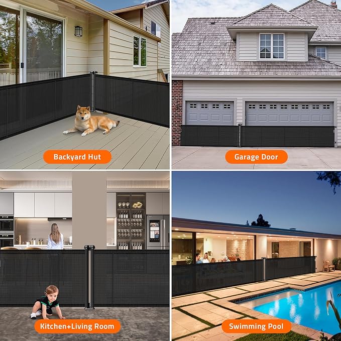 2-in-1 Retractable Baby Gates, 41" Tall Mesh Dog Gate 1-Pack, One Side Up to 200" Wide, Total 400" Wide, Long Retractable Pet Gate for Yard Swimming Pool Garage Indoor Outdoor-Black