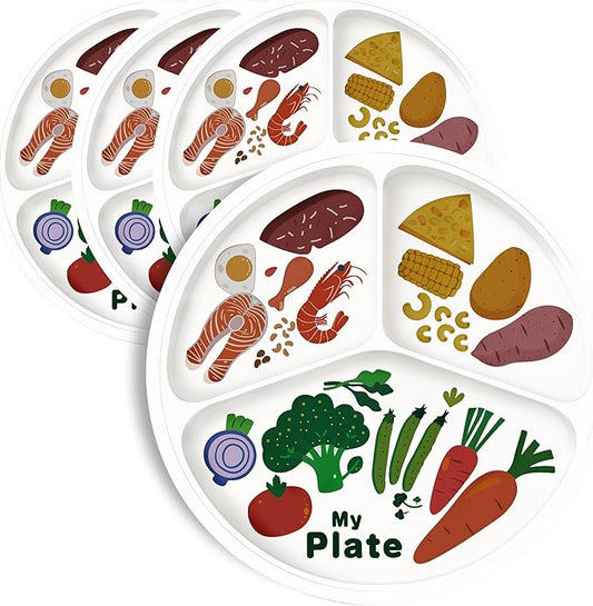 10" 3-Grid Cute Cartoon Portion Control Plate - Melamine, Healthy Nutrition for Weight Loss & Diabetes Management, Ideal for Adults & Teens Kids (4 Pack)