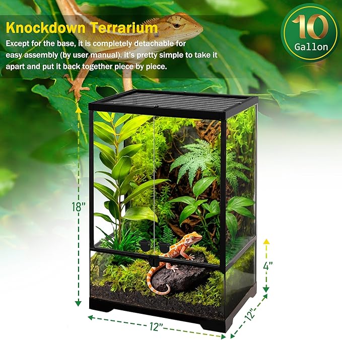 10 Gallon Professional Glass Terrarium 12"x12"x18" Durable Reptile Habitat Tank with Heat Resistant Aluminum Alloy Frame, Dual Front Swinging Doors for no Jam by Sand and Other Debris