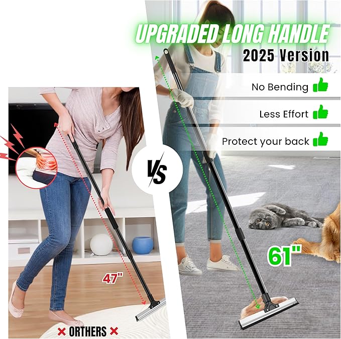 2025 Dual-Edge Carpet Rake for Pet Hair Removal & Fluffing Matted Carpet – 61" Adjustable Handle, Deep Clean Dog & Cat Hair Remover, Reusable Scraper for Rugs, Low Pile Carpet, Couch & Stairs