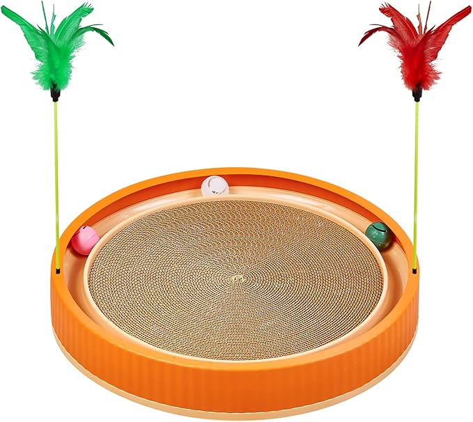 20-Inch Round Cat Scratcher with Ball Track – 3-in-1 Cardboard Cat Scratching Pad with Feather Toys, Non-Slip Base – Interactive Cat Toy for Indoor Cats, Kitten Scratch Play Lounge Board (Orange)