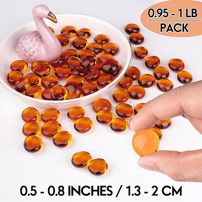 1LB Glass Marbles, Transparent and Smooth Flat Glass Beads for Vases, Mosaic Gem Pebbles for Aquarium Decor, Floral Arrangements, Mancala Stones, Vase Filler and Crafts, Orange