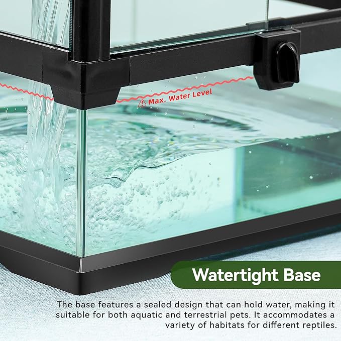 18x12x12 12 Gallon Glass Reptile Tank Front Opening Terrarium Suitable for Leopard Geckos, Snakes Tree Frogs Chameleons Watertight Base, Ventilated Metal Mesh Top, Pre-Drilled Cable Holes