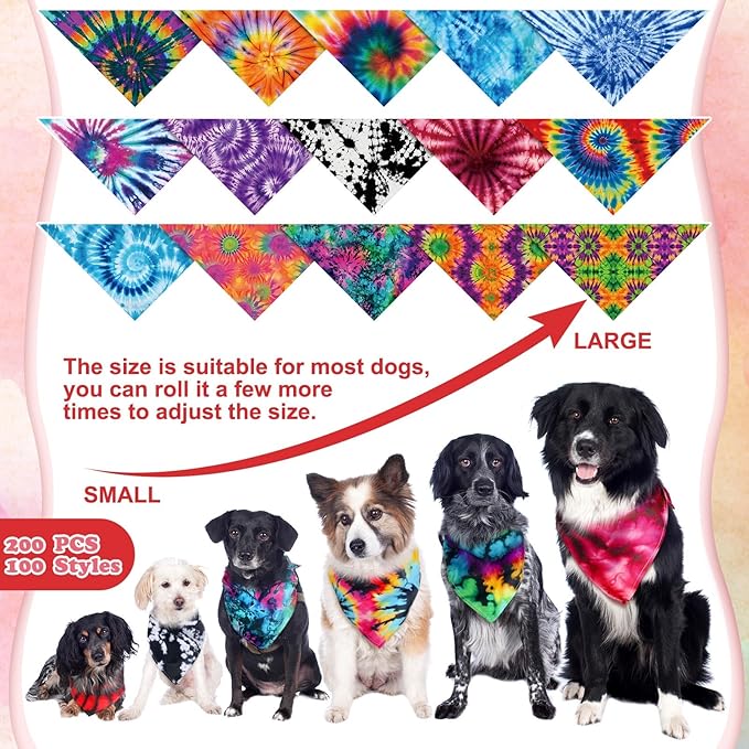 150 Pcs Tie Dye Dog Bandanas Bulk Pet Bibs Colorful Triangle Scarf Tie Dye Pet Bandanas for Medium Large Dogs Spring Summer Birthday Costume Decor