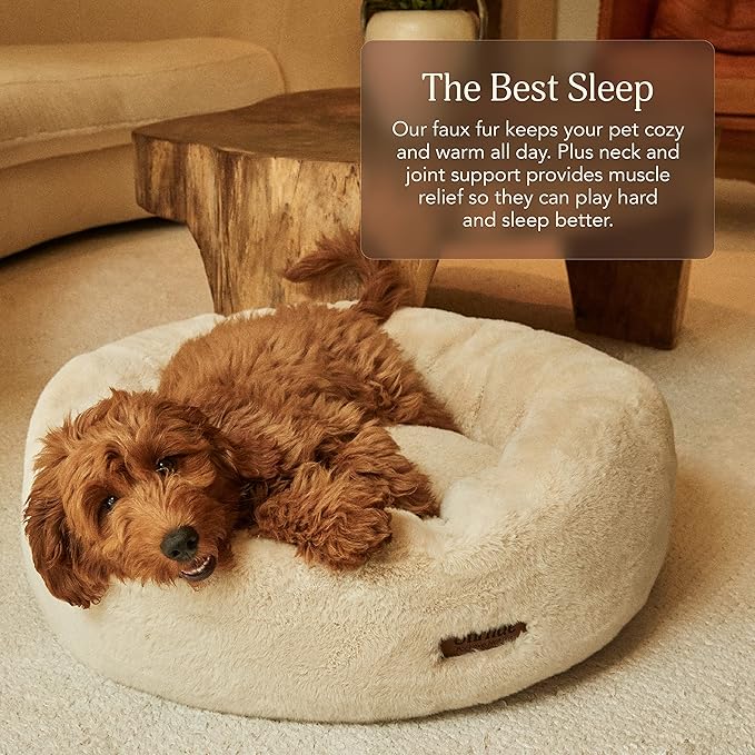 UnHide Floof Pet Bed - Medium (28" x 10") - Extra Soft Dog Bed - Removable Faux Fur Cover - Machine Washable - Helps Ease Pet Anxiety & Provides The Perfect Sleep - Beige Bear