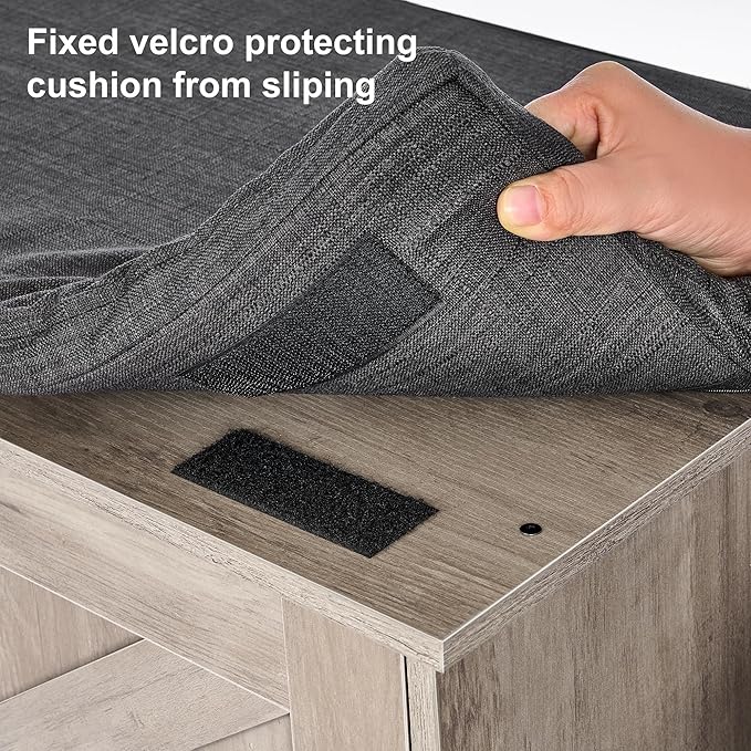 2-Tier Storage Bench, Shoe Bench with Padded Seat Cushion, Entryway Bench with 2 Barn Doors, Adjustable Shelf, 13.8" D x 39.4" W x 17.7" H, for Entryway, Living Room, Bedroom, Greige