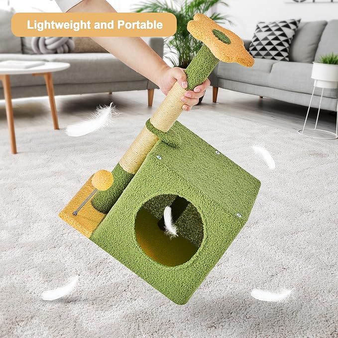 24 Inch Cat Tree Condo for Indoor Cats with Floral Sisal Scratching Post, Plush Hang Ball Play Furniture for Kittens Cats, Yellow