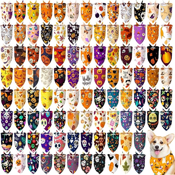 100 Pcs Halloween Dog Bandanas Bulk Pet Bibs Colorful Triangle Scarf Pet Bandanas for Medium Large Dogs Halloween Party Costume Decor