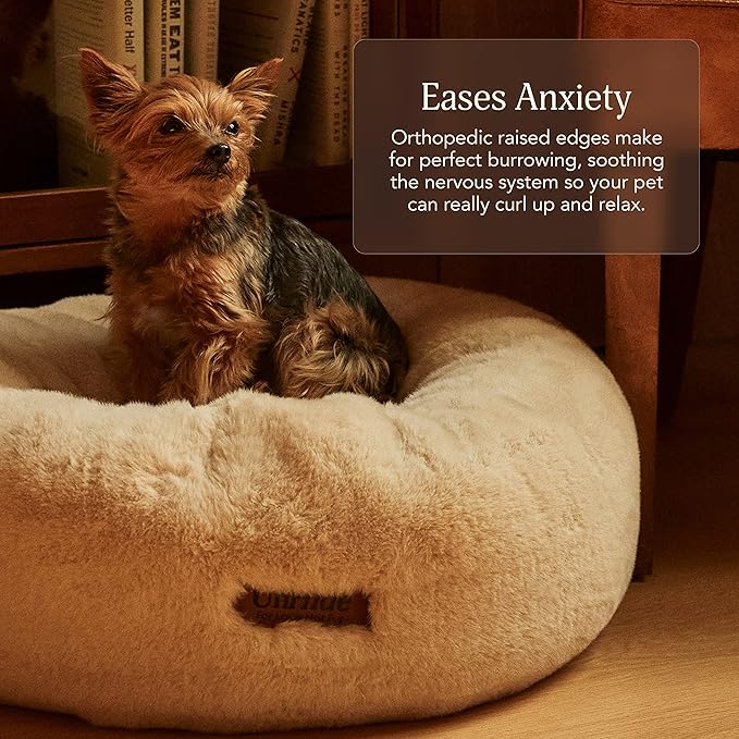 UnHide Floof Pet Bed - Small (23" x 8") - Extra Soft Dog Bed - Removable Faux Fur Cover - Machine Washable - Helps Ease Pet Anxiety & Provides The Perfect Sleep - Beige Bear