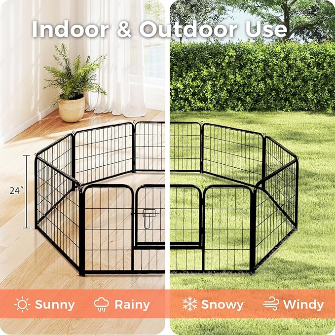24 Inch 8 Panels Dog Playpen - Metal Pet Exercise Pen for Puppy, Indoor/Outdoor Dog Fence for Yard, Garden, Camping & RV Travel