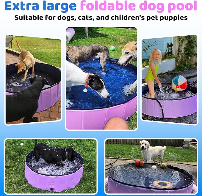 2025 Updated Foldable Dog Pool, 79" x 12" Kiddie Pool with Hard Plastic, Non-Slip Dog Bath Tub for Outdoor Backyard, Collapsible Dog Swimming Pool for Kids Dogs Pets (Pink)