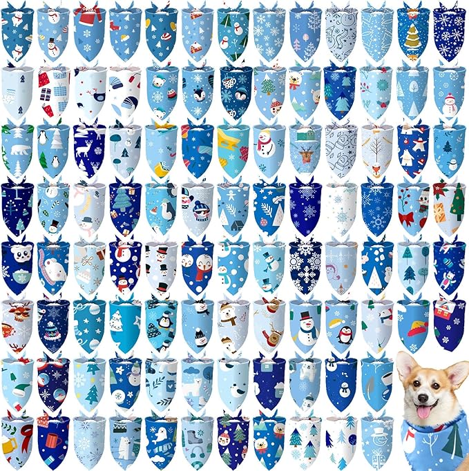 100 Pcs Winter Dog Bandanas Bulk Pet Bibs Blue Triangle Scarf Snowflake Pet Bandanas for Medium Large Dogs Winter Snowflake Christmas Party Holiday Festival Costume Decor
